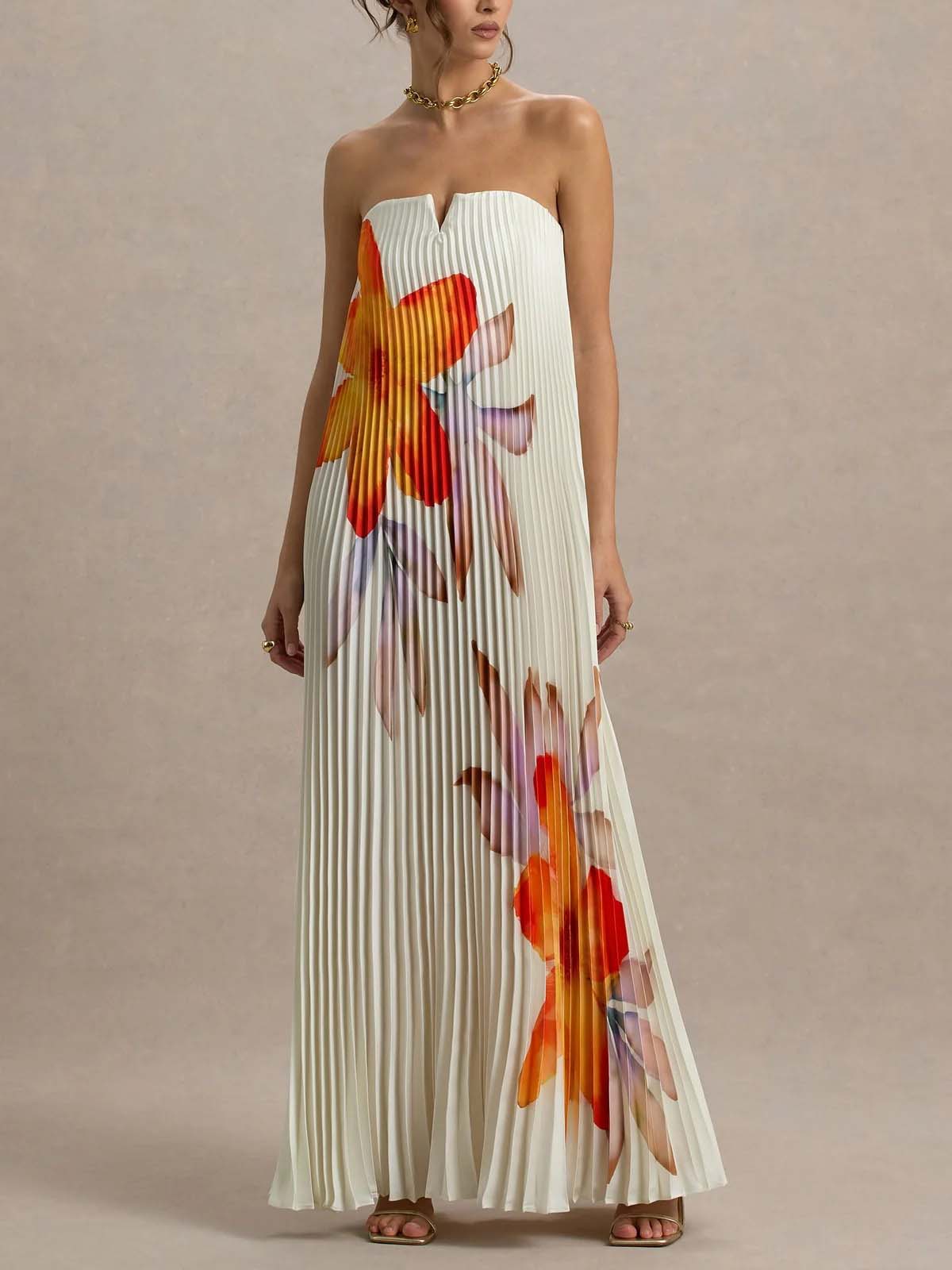 Elegant Sweetheart Orange Floral Print Pleated Maxi Dress