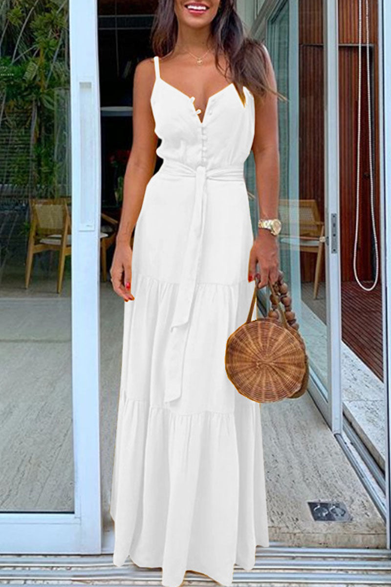 Fashion Casual Solid Frenulum V Neck Sling Dresses(5 Colors)