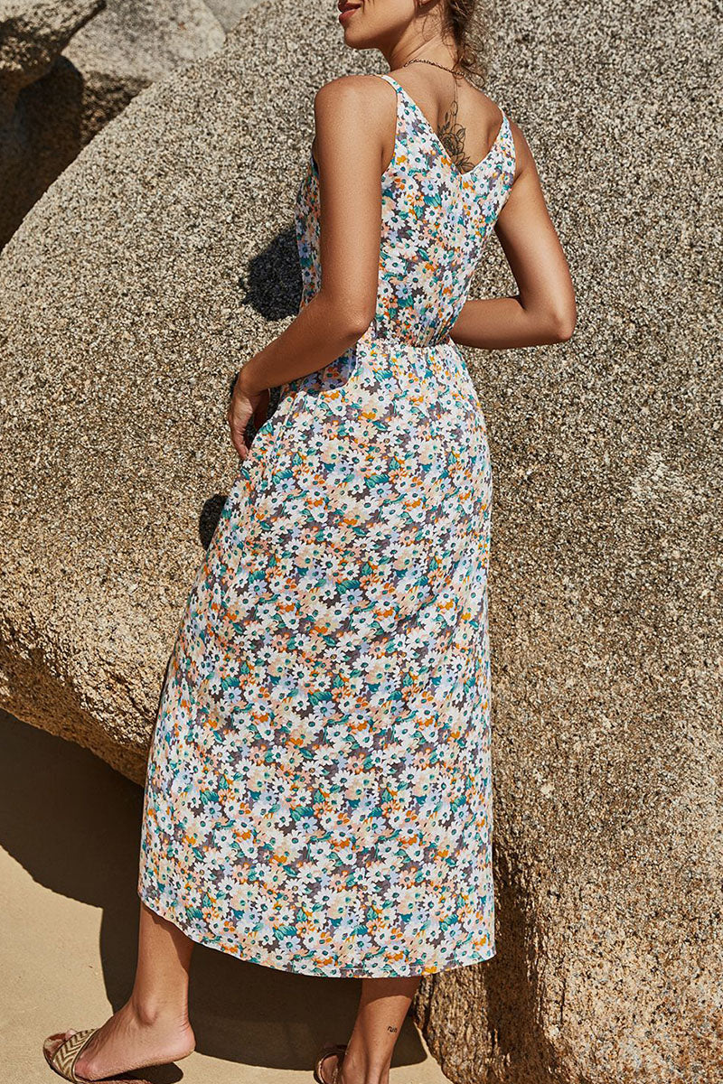 Fashion Street Print Slit V Neck A Line Dresses