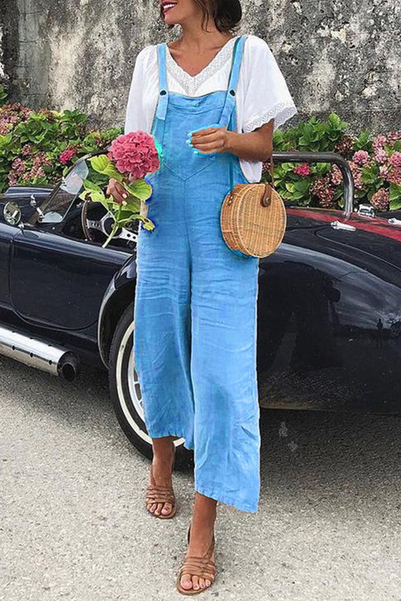 Fashion Casual Solid Split Joint Spaghetti Strap Loose Jumpsuits(5 colors)
