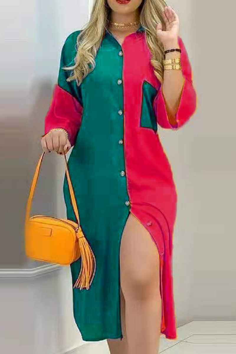 Fashion Street Print Buckle Contrast Shirt Dress Dresses