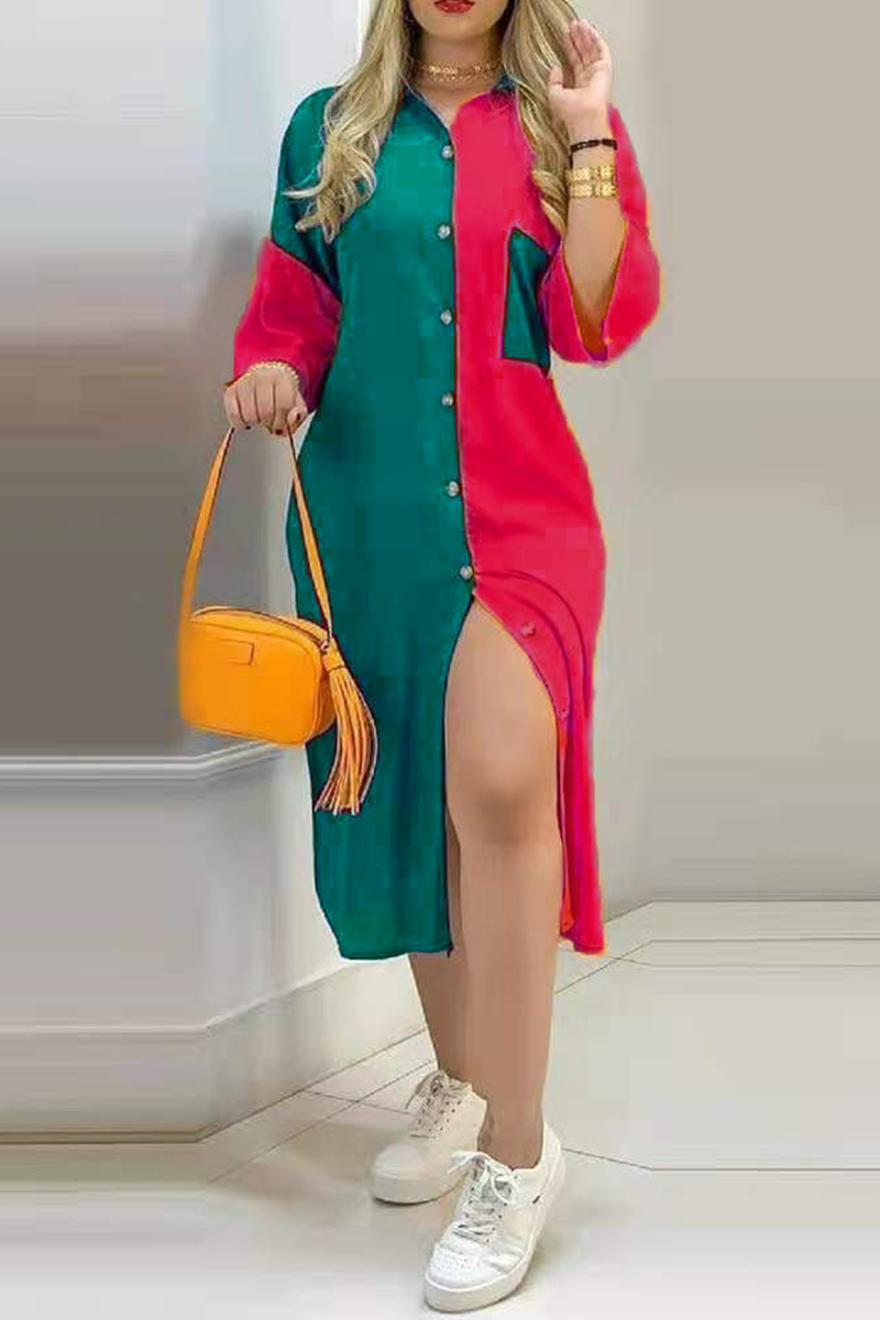 Fashion Street Print Buckle Contrast Shirt Dress Dresses