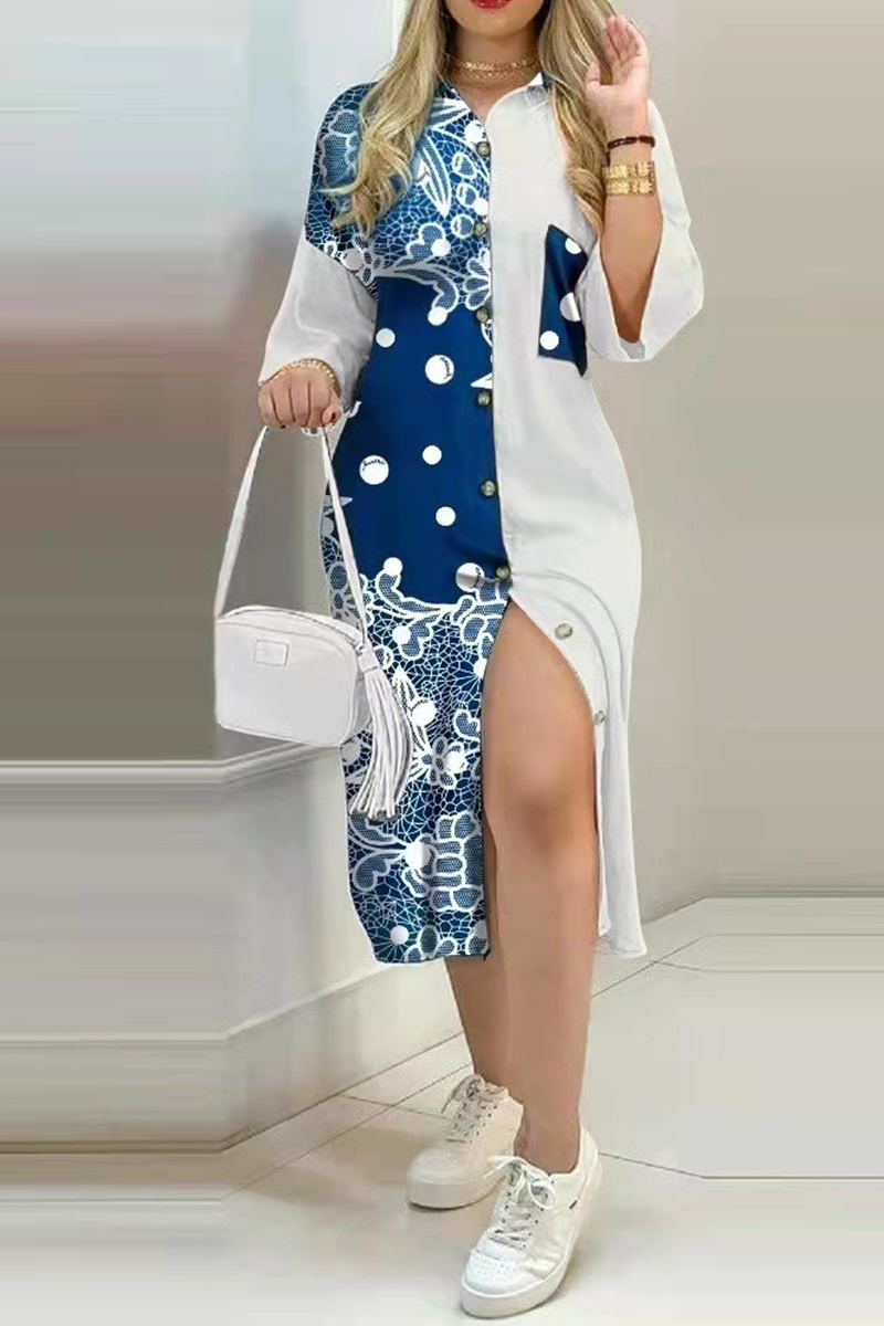 Fashion Street Print Buckle Contrast Shirt Dress Dresses