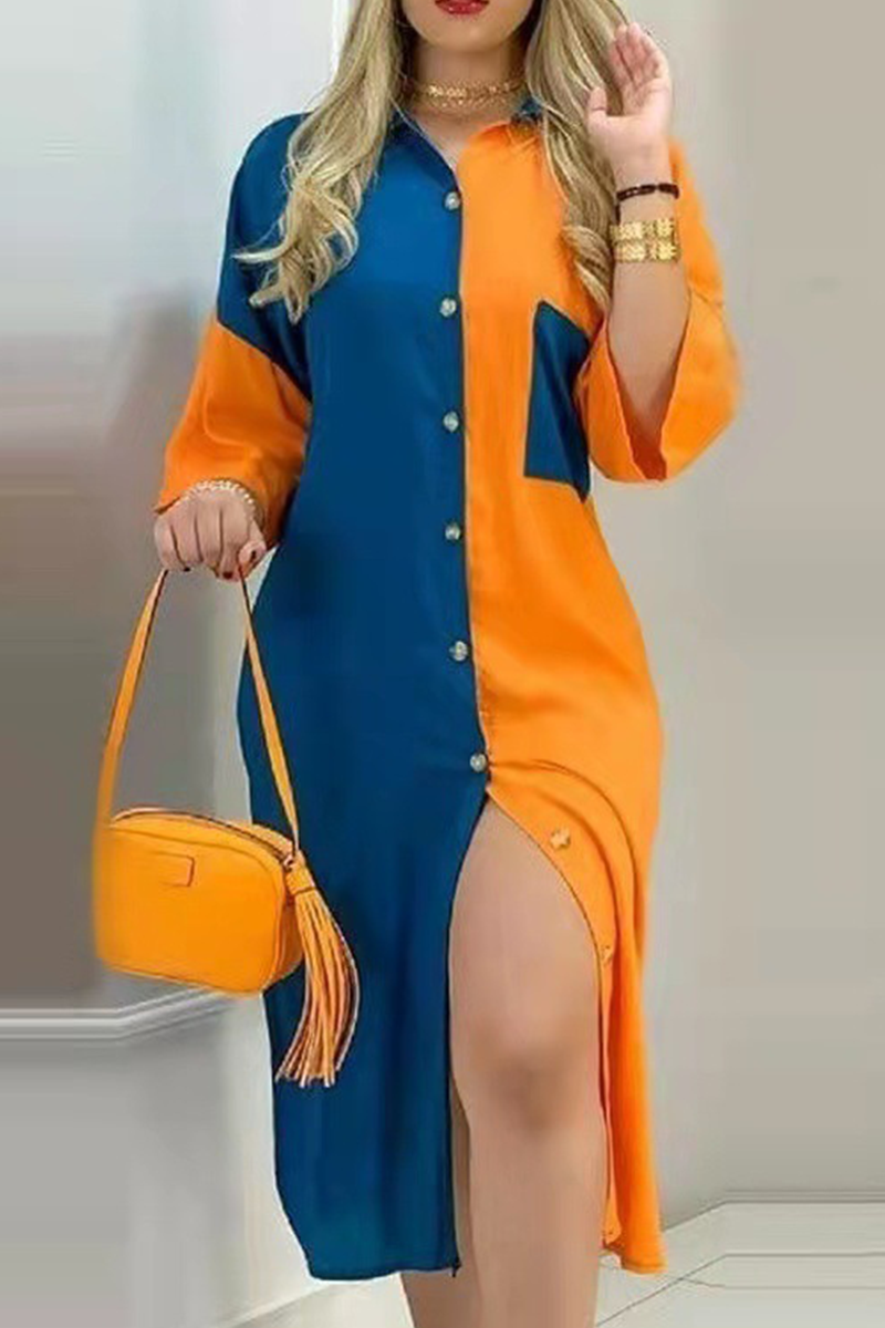 Fashion Street Print Buckle Contrast Shirt Dress Dresses