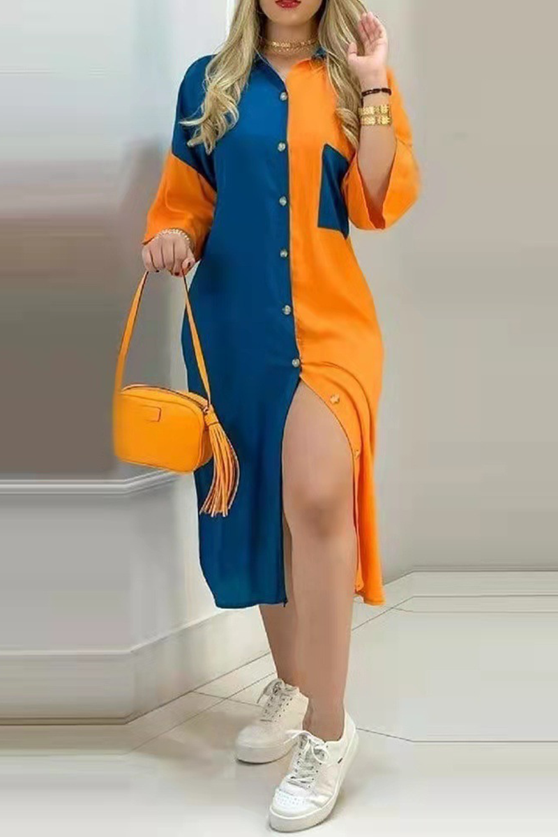 Fashion Street Print Buckle Contrast Shirt Dress Dresses