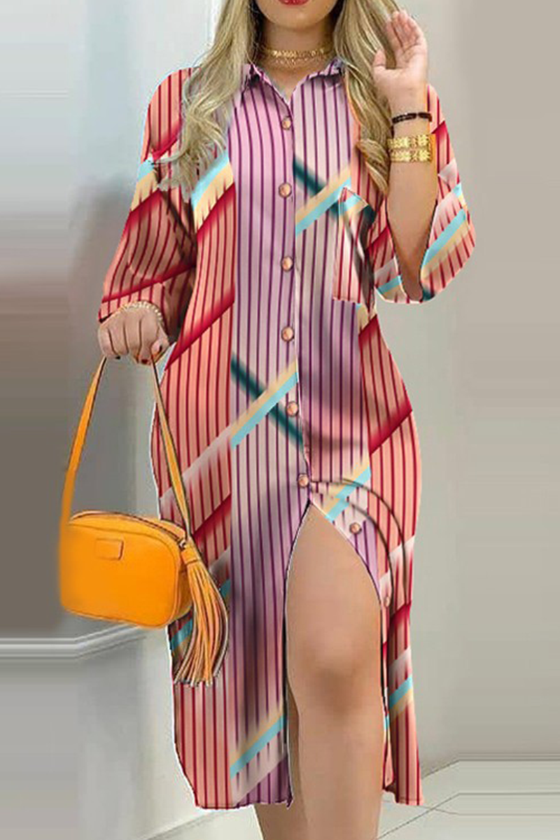 Fashion Street Print Buckle Contrast Shirt Dress Dresses