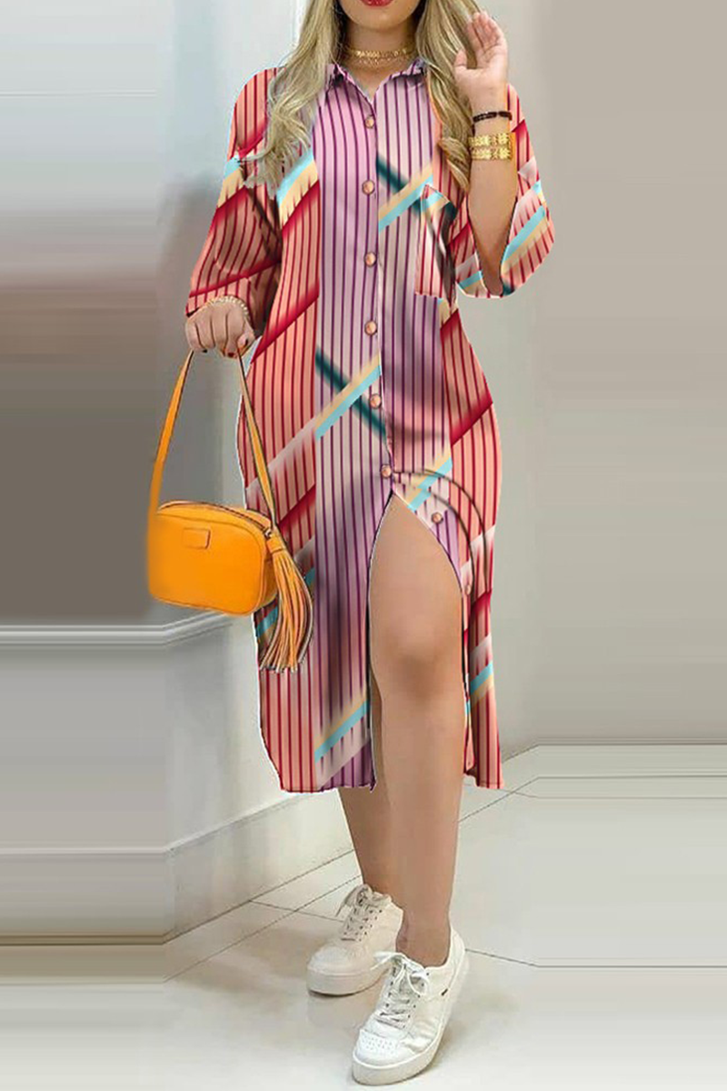 Fashion Street Print Buckle Contrast Shirt Dress Dresses