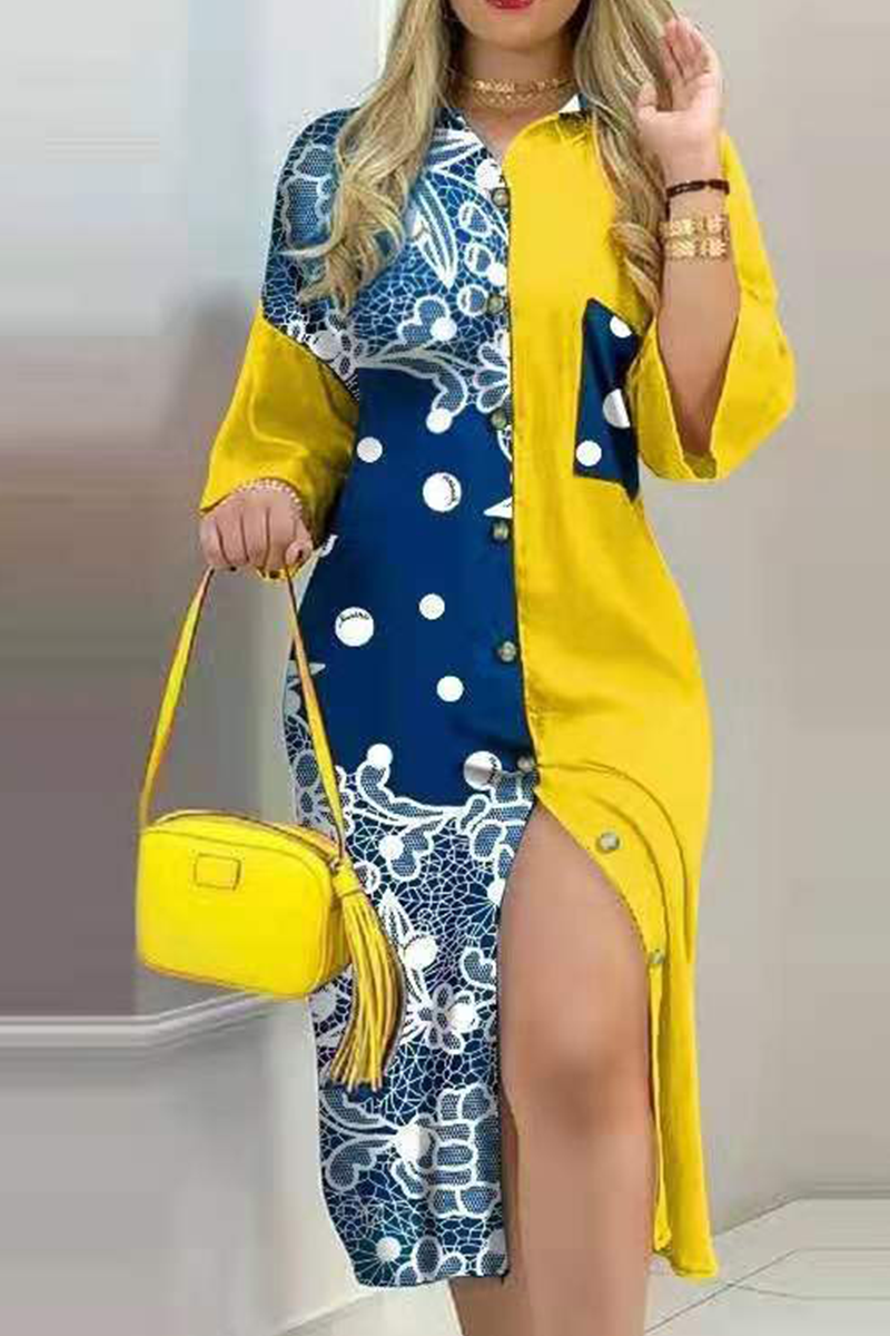 Fashion Street Print Buckle Contrast Shirt Dress Dresses
