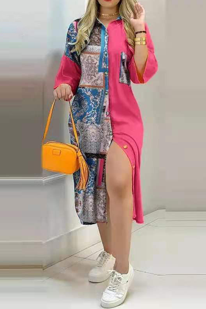 Fashion Street Print Buckle Contrast Shirt Dress Dresses