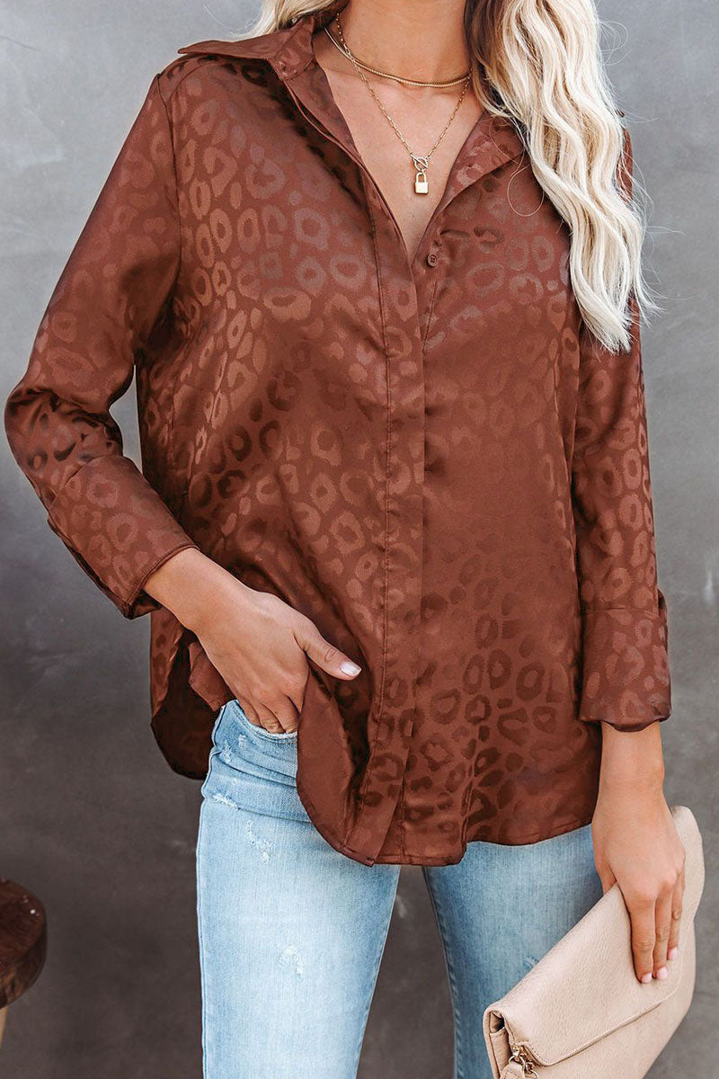 Fashion Sweet Leopard Split Joint Turndown Collar Tops(4 colors)