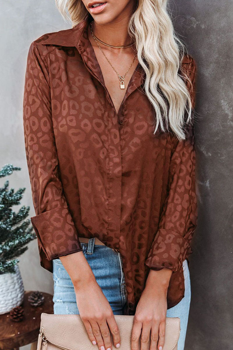 Fashion Sweet Leopard Split Joint Turndown Collar Tops(4 colors)