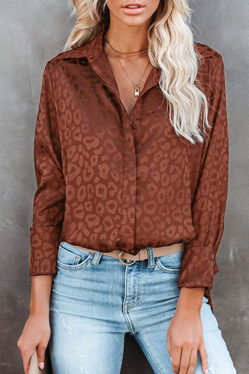 Fashion Sweet Leopard Split Joint Turndown Collar Tops(4 colors)