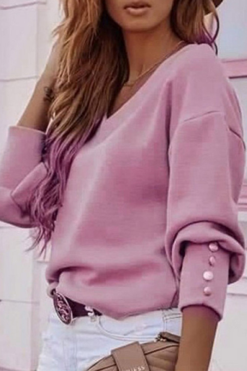 Casual Solid Patchwork Buckle V Neck Tops