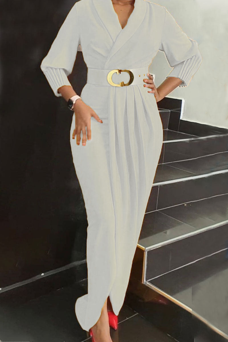 Elegant Solid Patchwork Fold With Belt V Neck Long Sleeve Plus Size Dresses(4 Colors)
