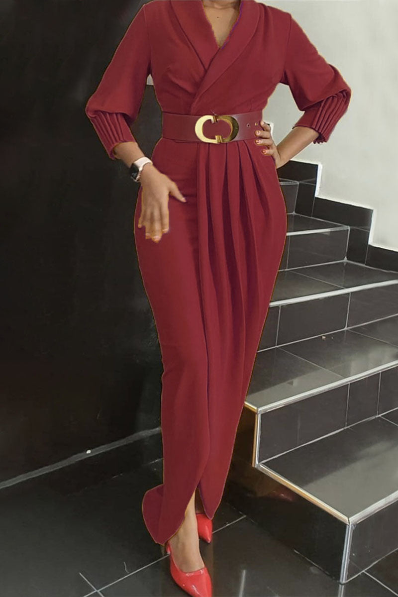 Elegant Solid Patchwork Fold With Belt V Neck Long Sleeve Plus Size Dresses(4 Colors)