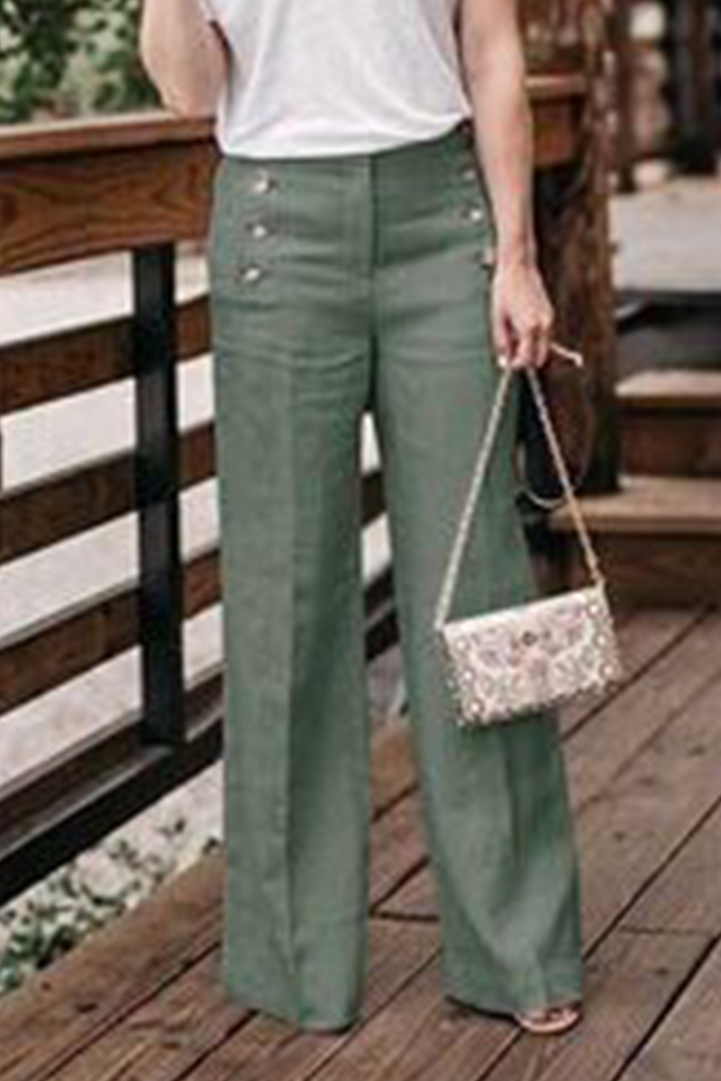 Casual Solid Buckle Straight High Waist Wide Leg Bottoms(5 Colors)