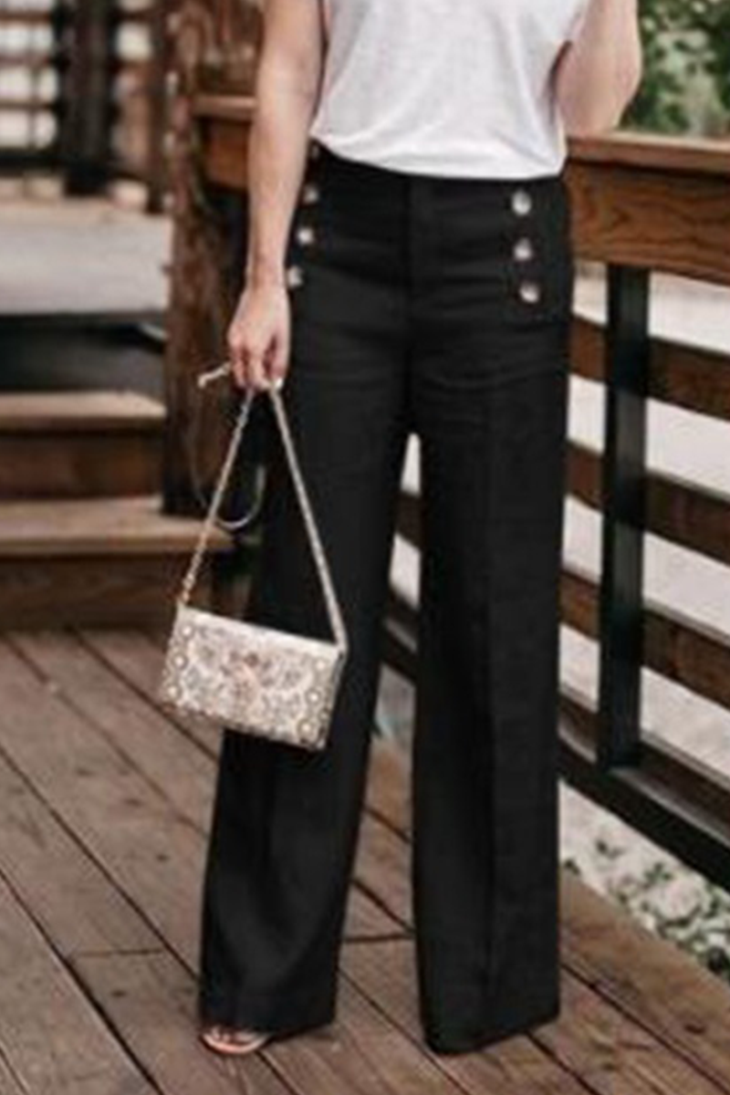 Casual Solid Buckle Straight High Waist Wide Leg Bottoms(5 Colors)