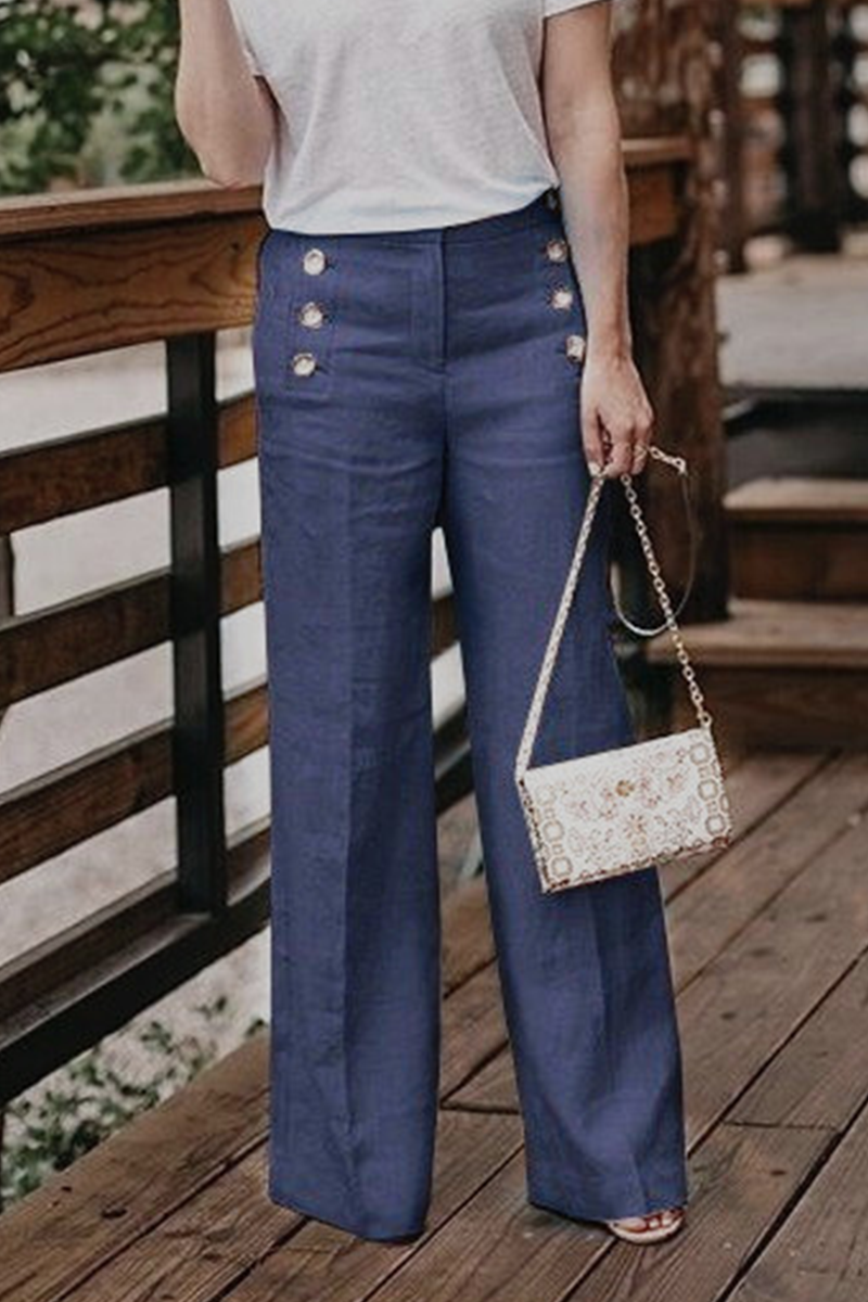 Casual Solid Buckle Straight High Waist Wide Leg Bottoms(5 Colors)
