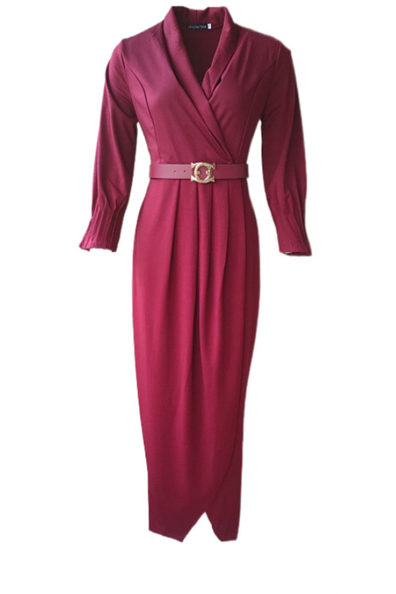 Elegant Solid Patchwork Fold With Belt V Neck Long Sleeve Plus Size Dresses(4 Colors)