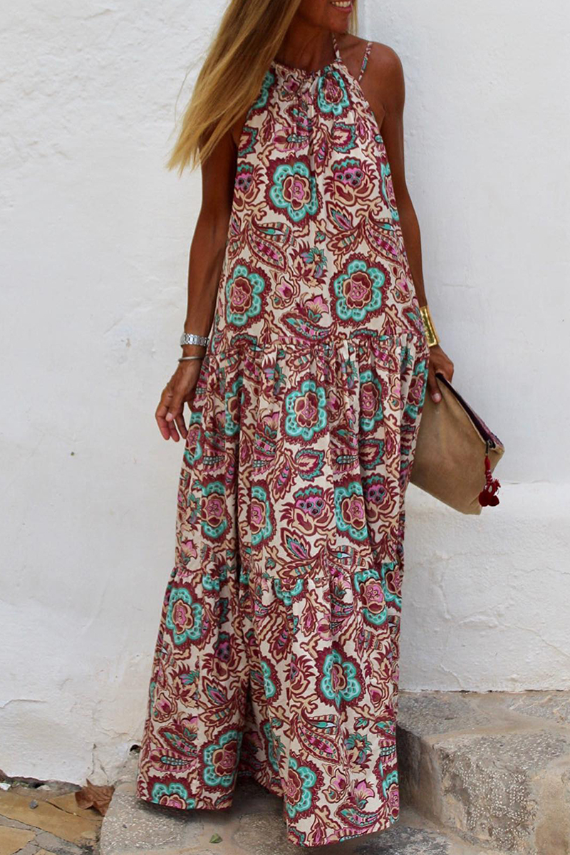 Fashion Print Split Joint Halter Straight Dresses