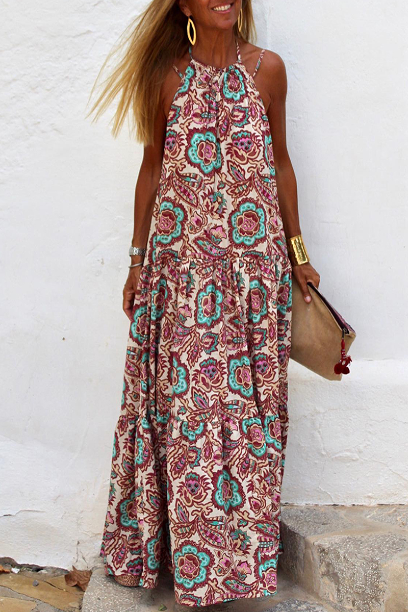 Fashion Print Split Joint Halter Straight Dresses