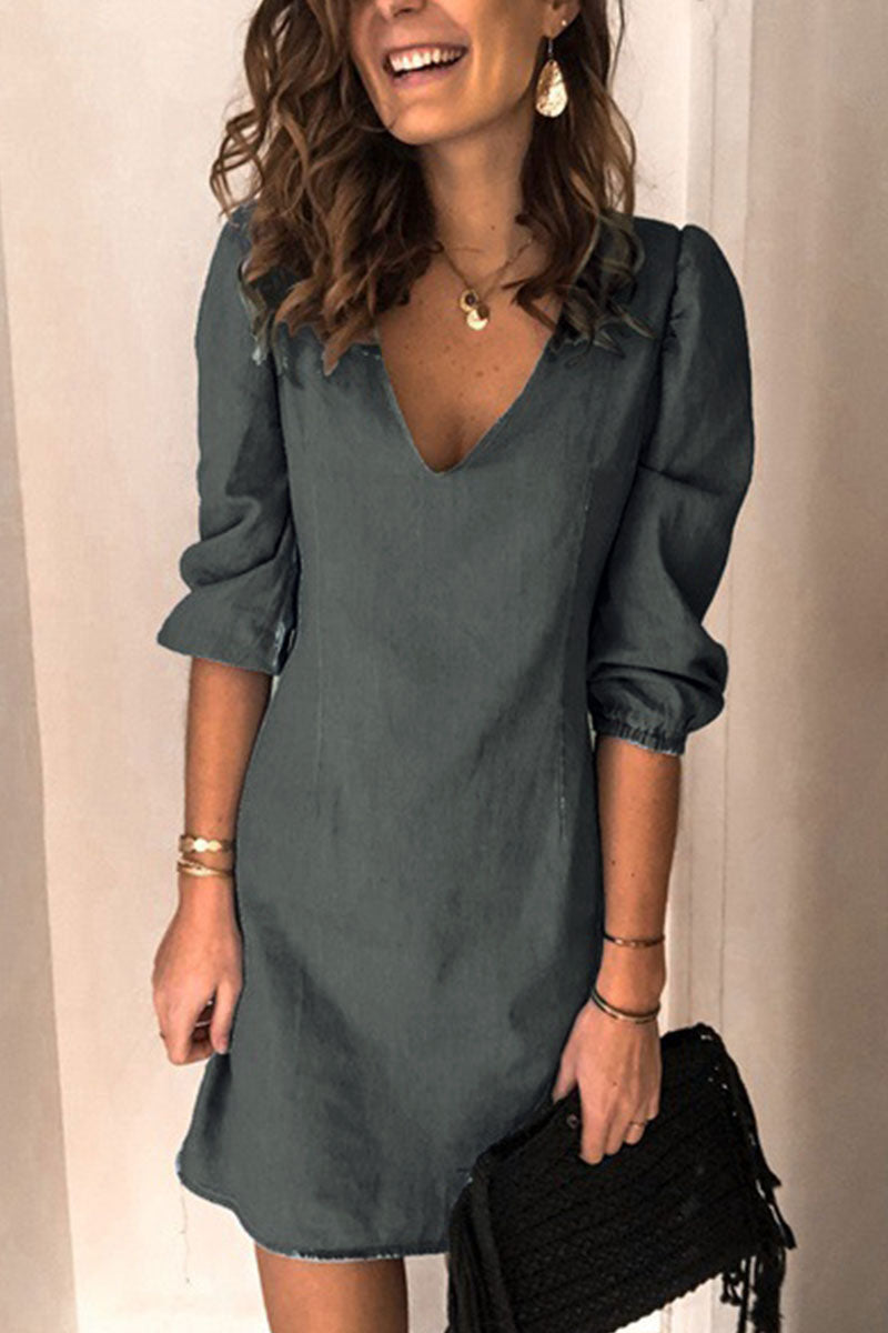 Fashion Casual Solid V Neck Dress Dresses(4 Colors)