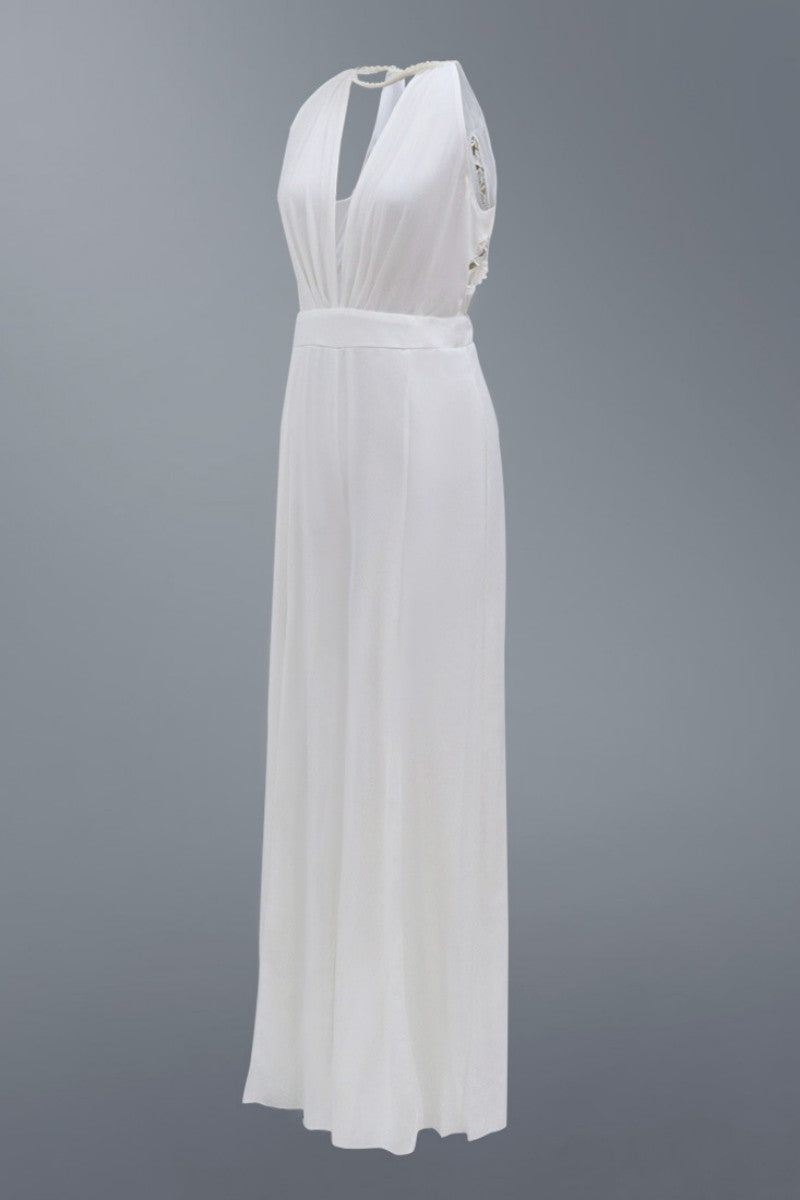 Sexy Casual Solid Hollowed Out Patchwork Backless O Neck Regular Jumpsuits