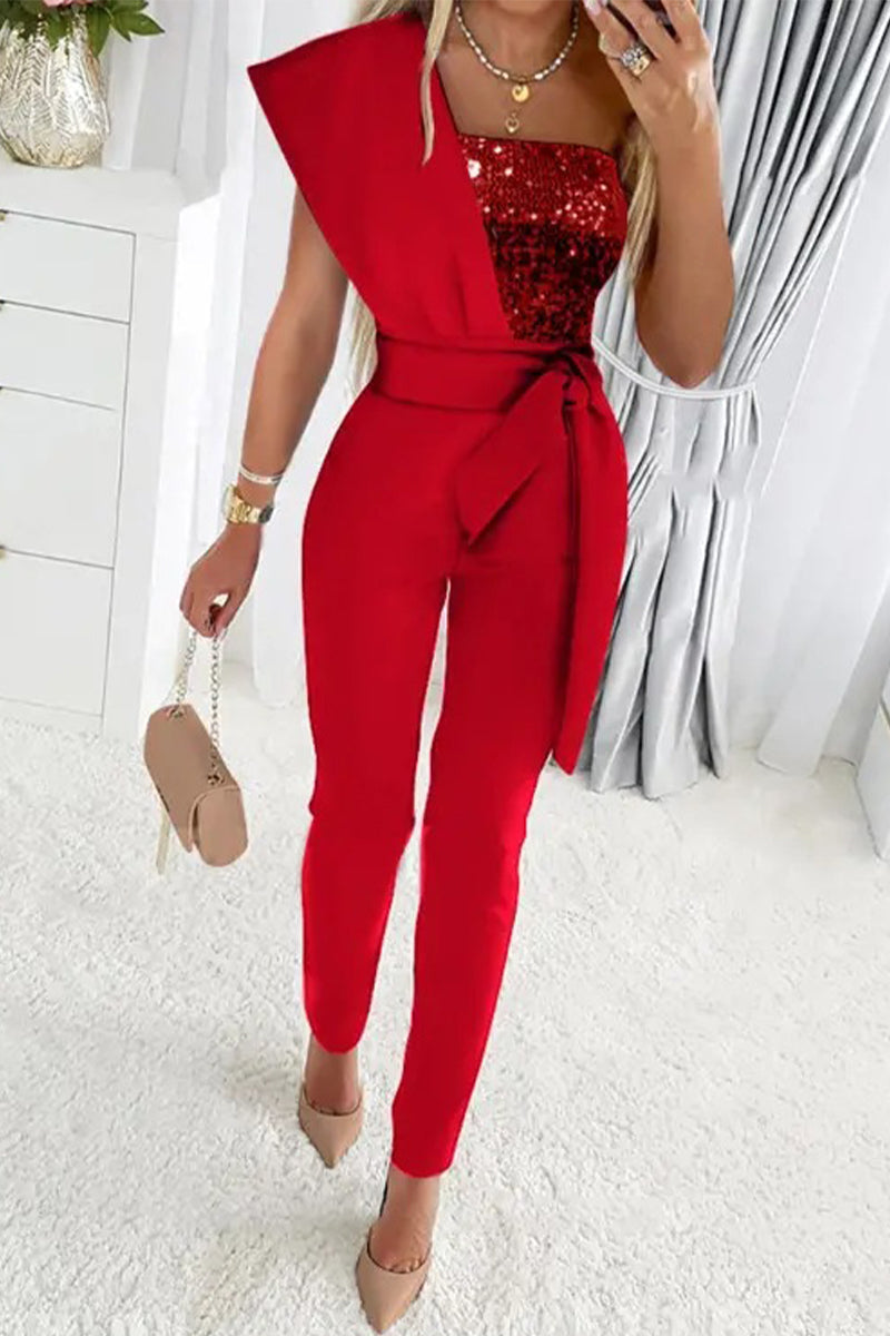 Sweet Elegant Patchwork Sequins Asymmetrical Collar Regular Jumpsuits