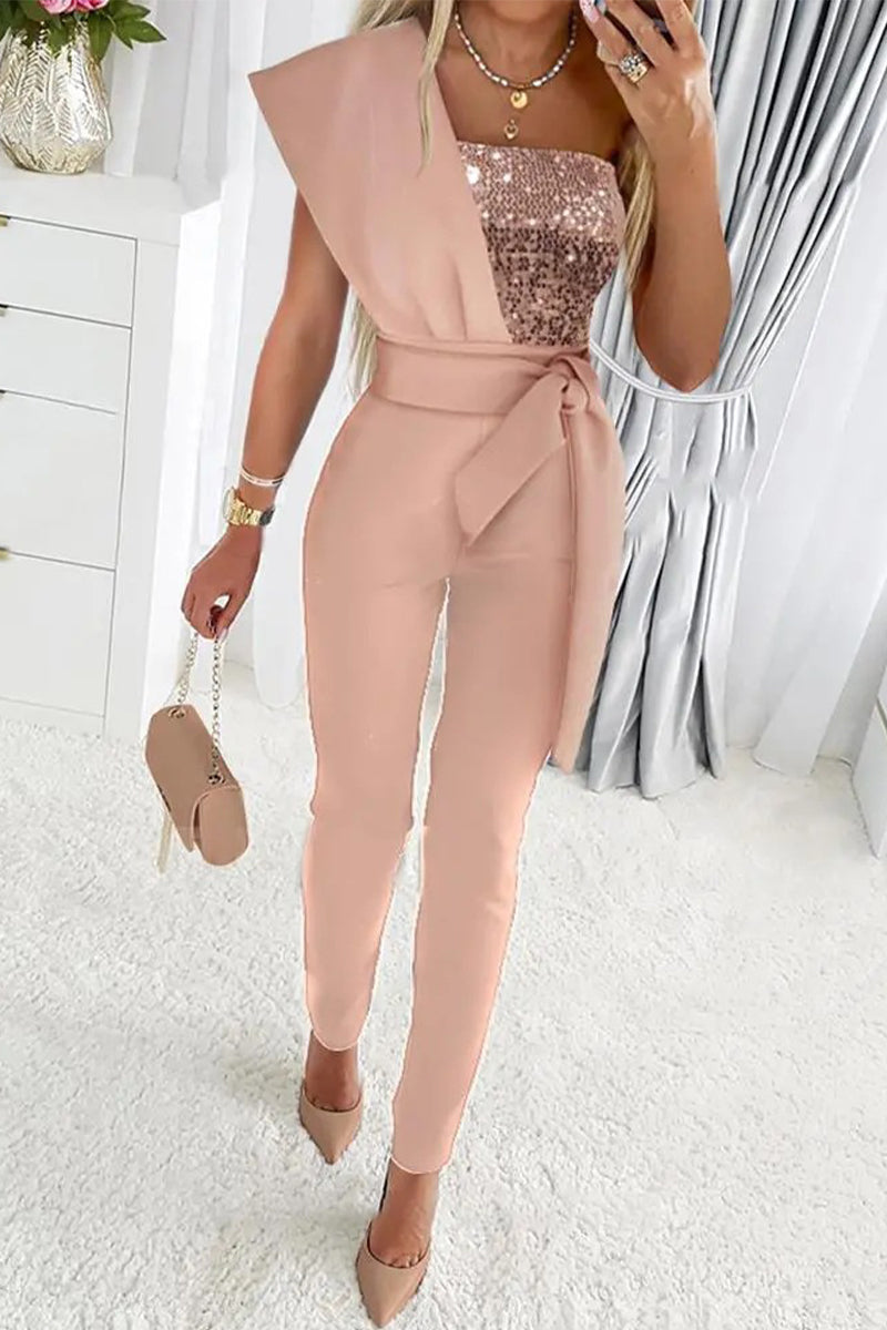 Sweet Elegant Patchwork Sequins Asymmetrical Collar Regular Jumpsuits