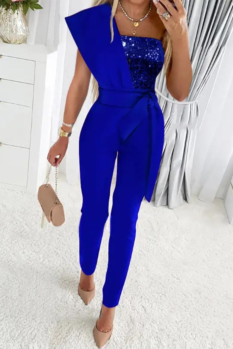 Sweet Elegant Patchwork Sequins Asymmetrical Collar Regular Jumpsuits