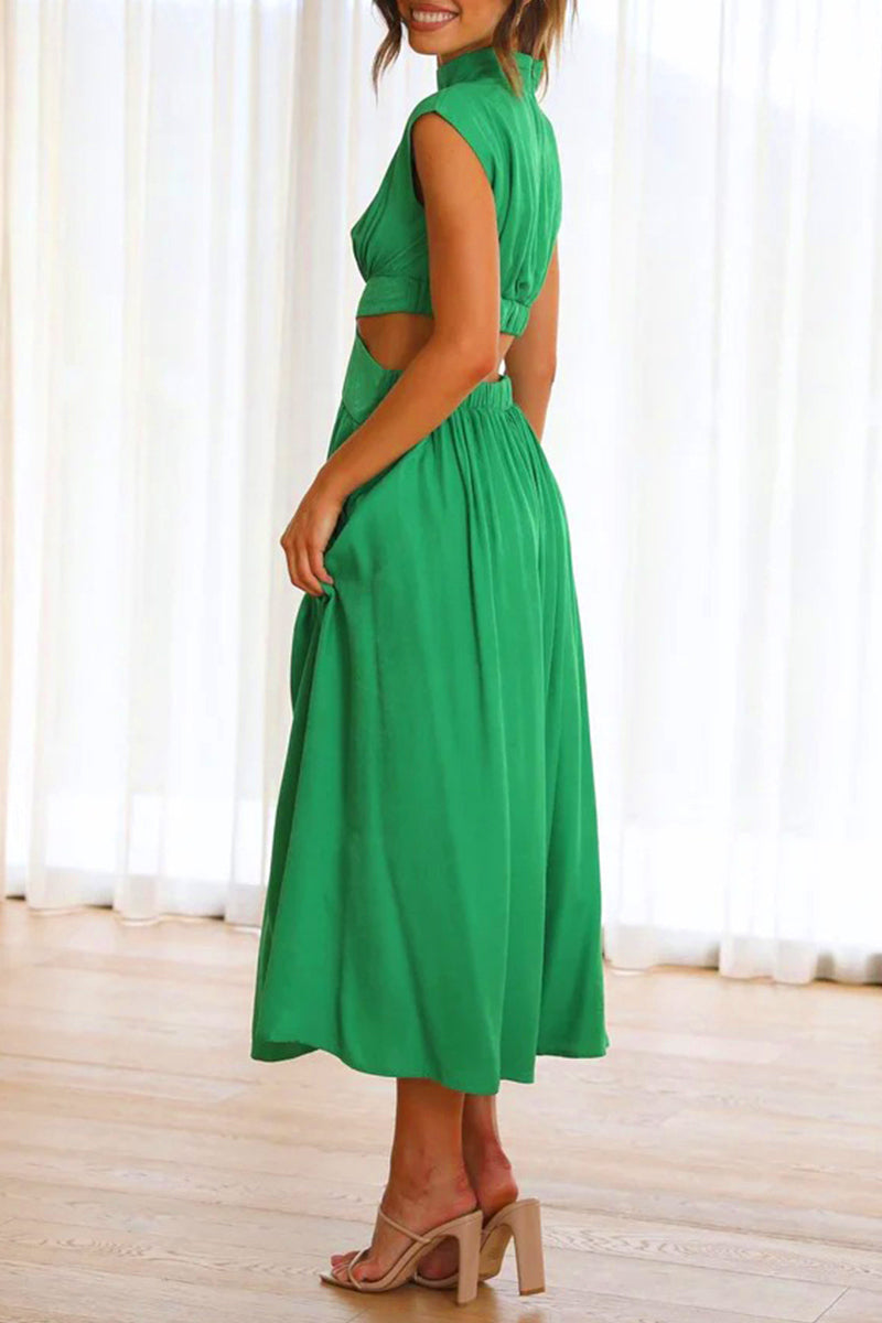 Sweet Elegant Solid Hollowed Out Mandarin Collar A Line Dresses(8 Colors)