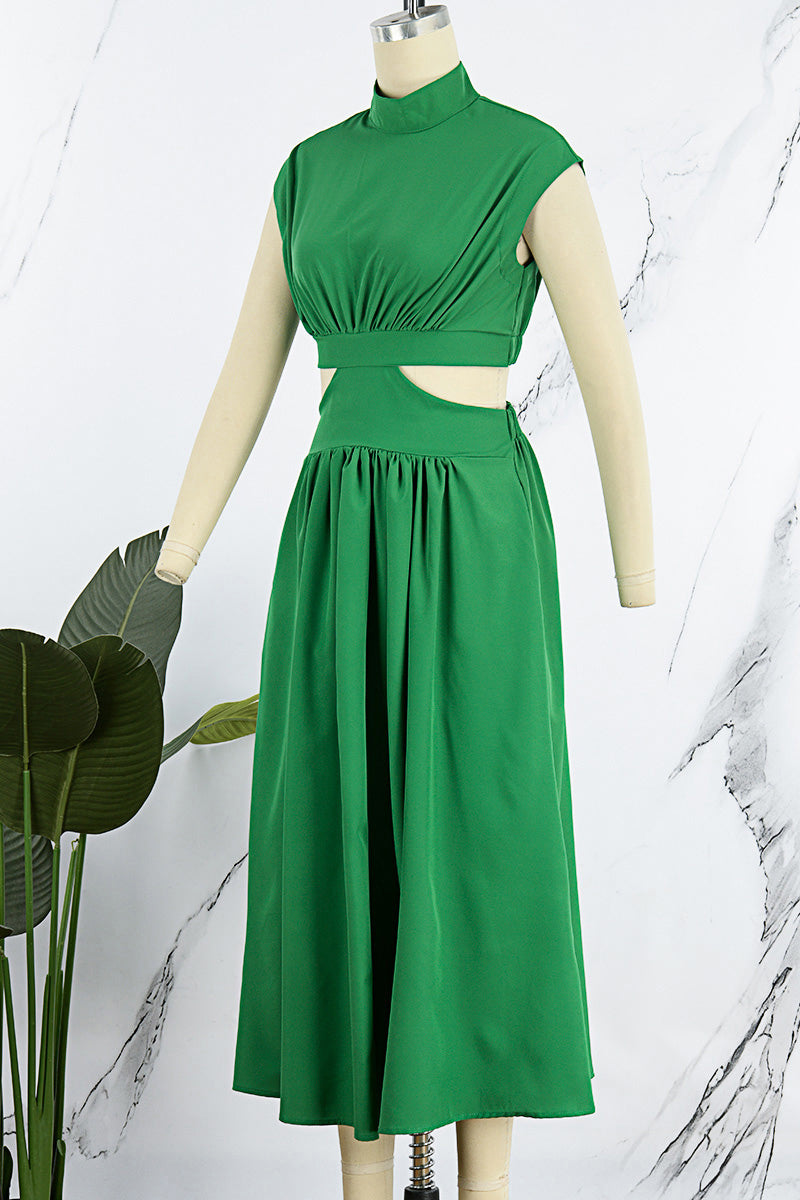 Sweet Elegant Solid Hollowed Out Mandarin Collar A Line Dresses(8 Colors)