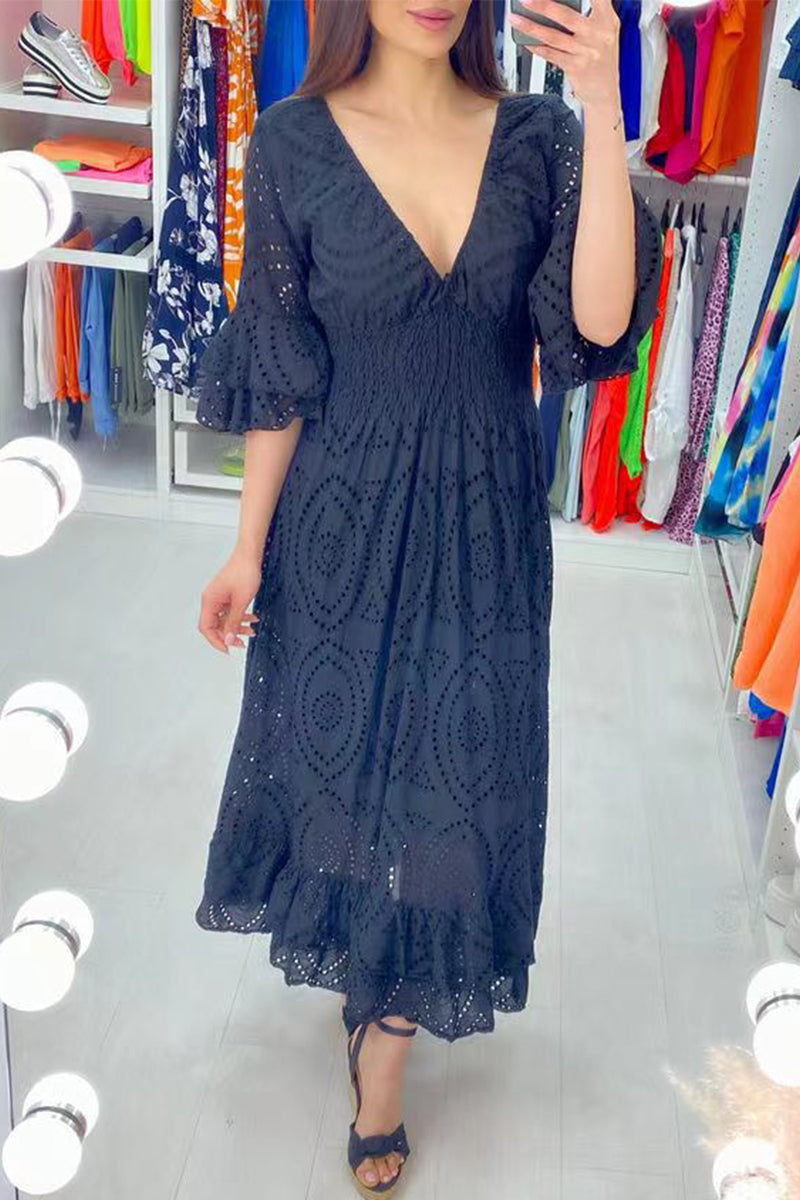 Elegant Solid Embroidered V Neck A Line Dresses