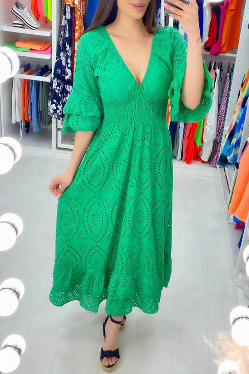 Elegant Solid Embroidered V Neck A Line Dresses