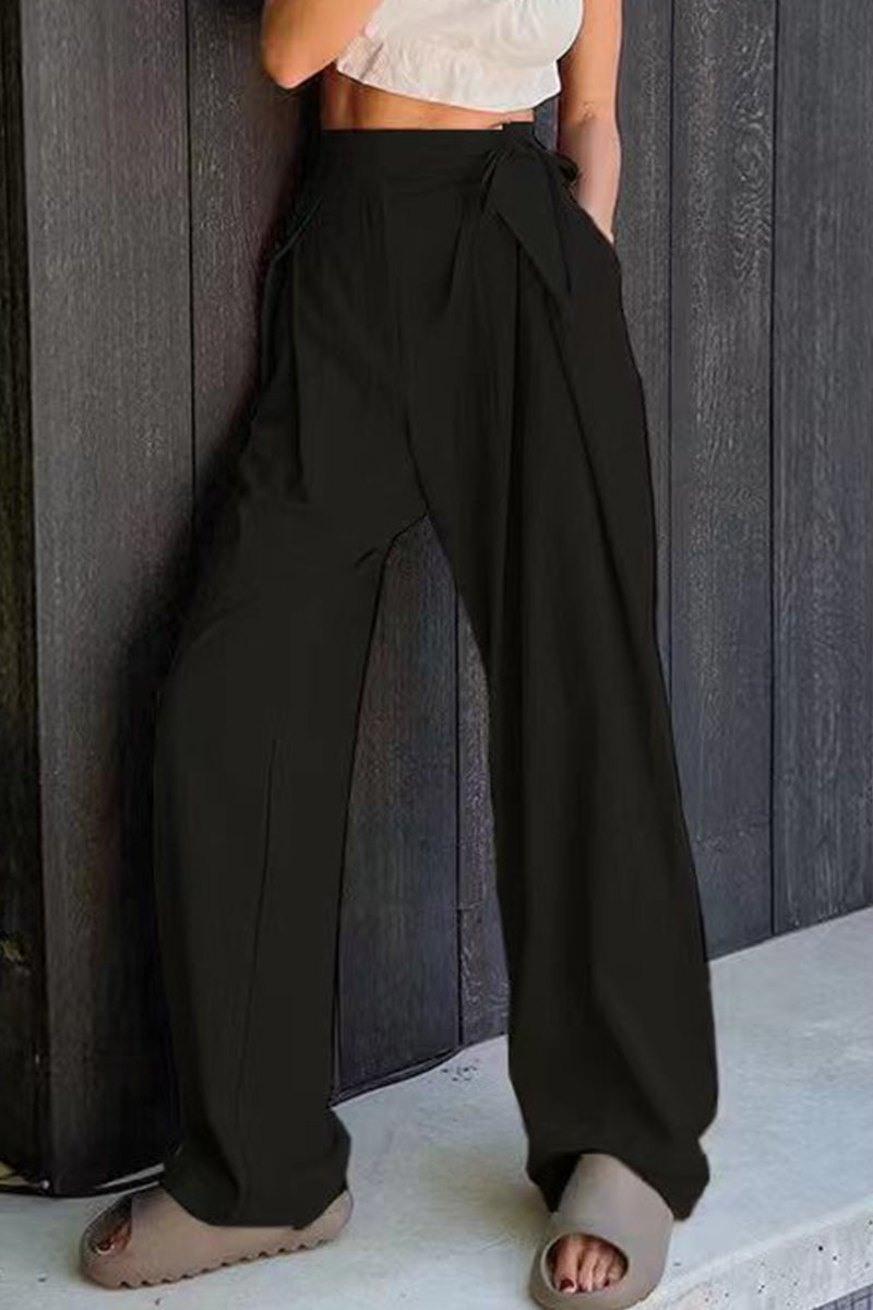 Casual Solid Frenulum Loose High Waist Straight Solid Color Bottoms(6 Colors)