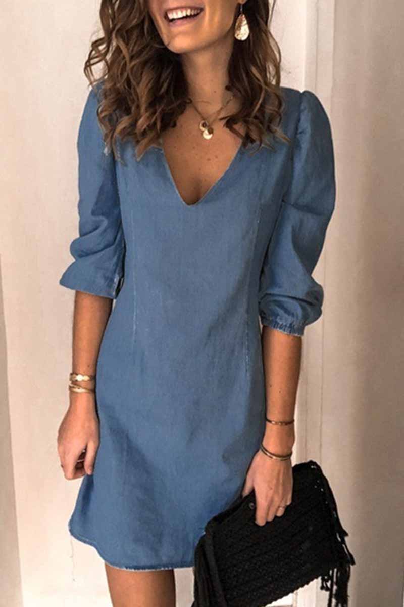 Fashion Casual Solid V Neck Dress Dresses(4 Colors)