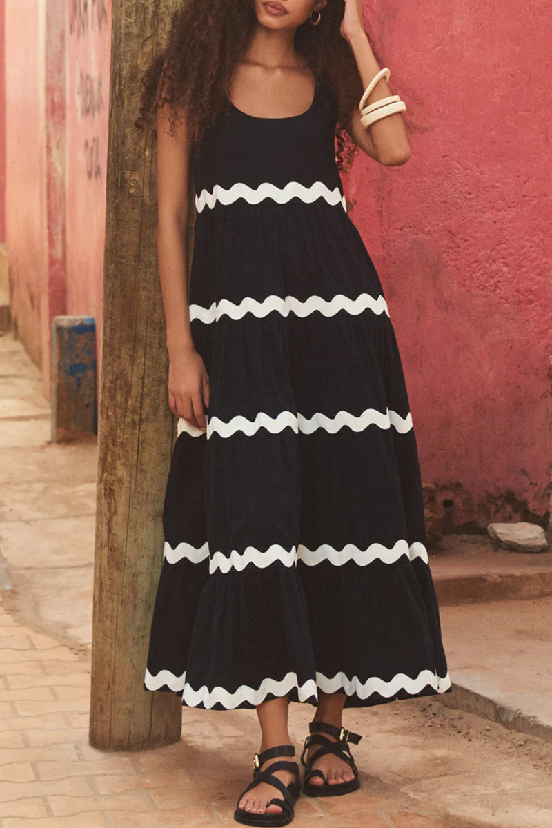Sexy Simplicity Print Ripple Contrast U Neck Sleeveless Dress Dresses(4 Colors)