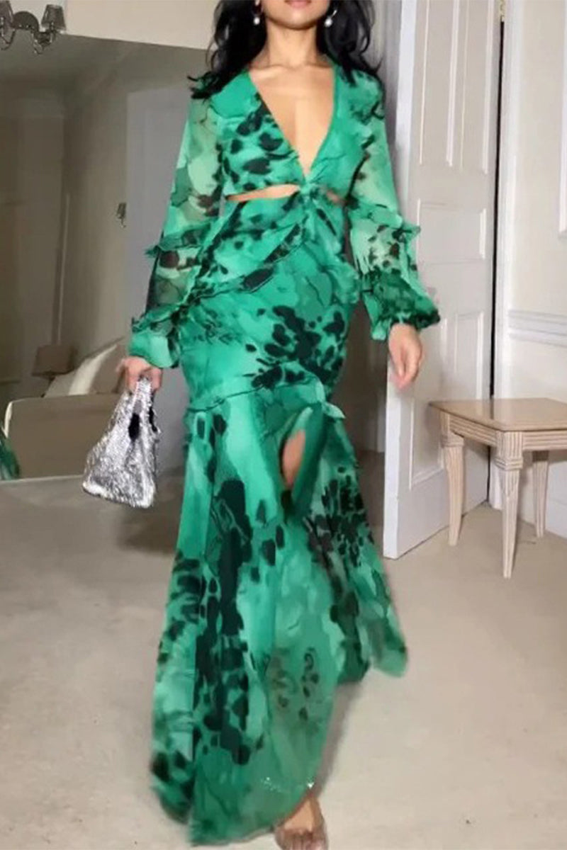 Sexy Vintage Print Tie Dye Flounce Slit V Neck Printed Dresses