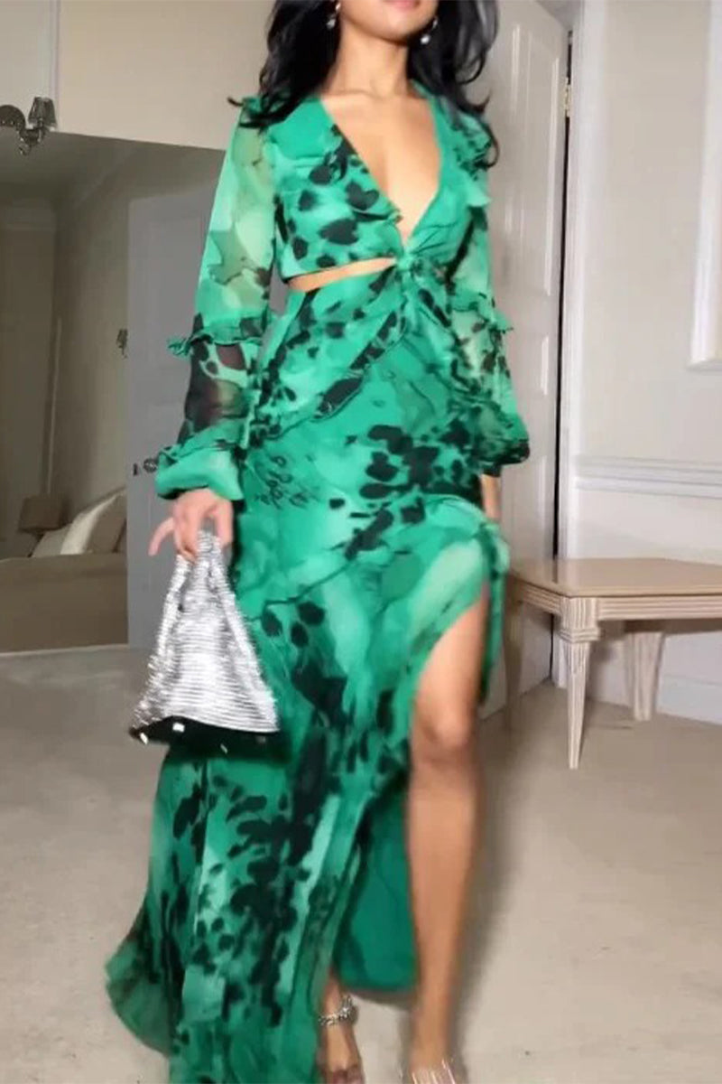 Sexy Vintage Print Tie Dye Flounce Slit V Neck Printed Dresses