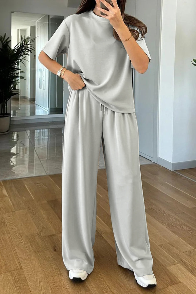Casual Daily Solid Color O Neck Short Sleeve Two Pieces
