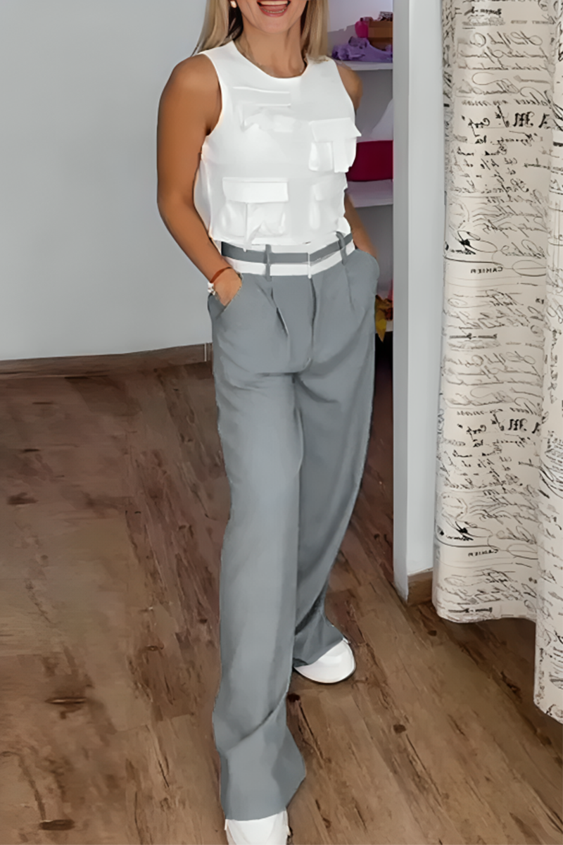 Casual Street Solid Color Pocket Patchwork O Neck Sleeveless Two Pieces