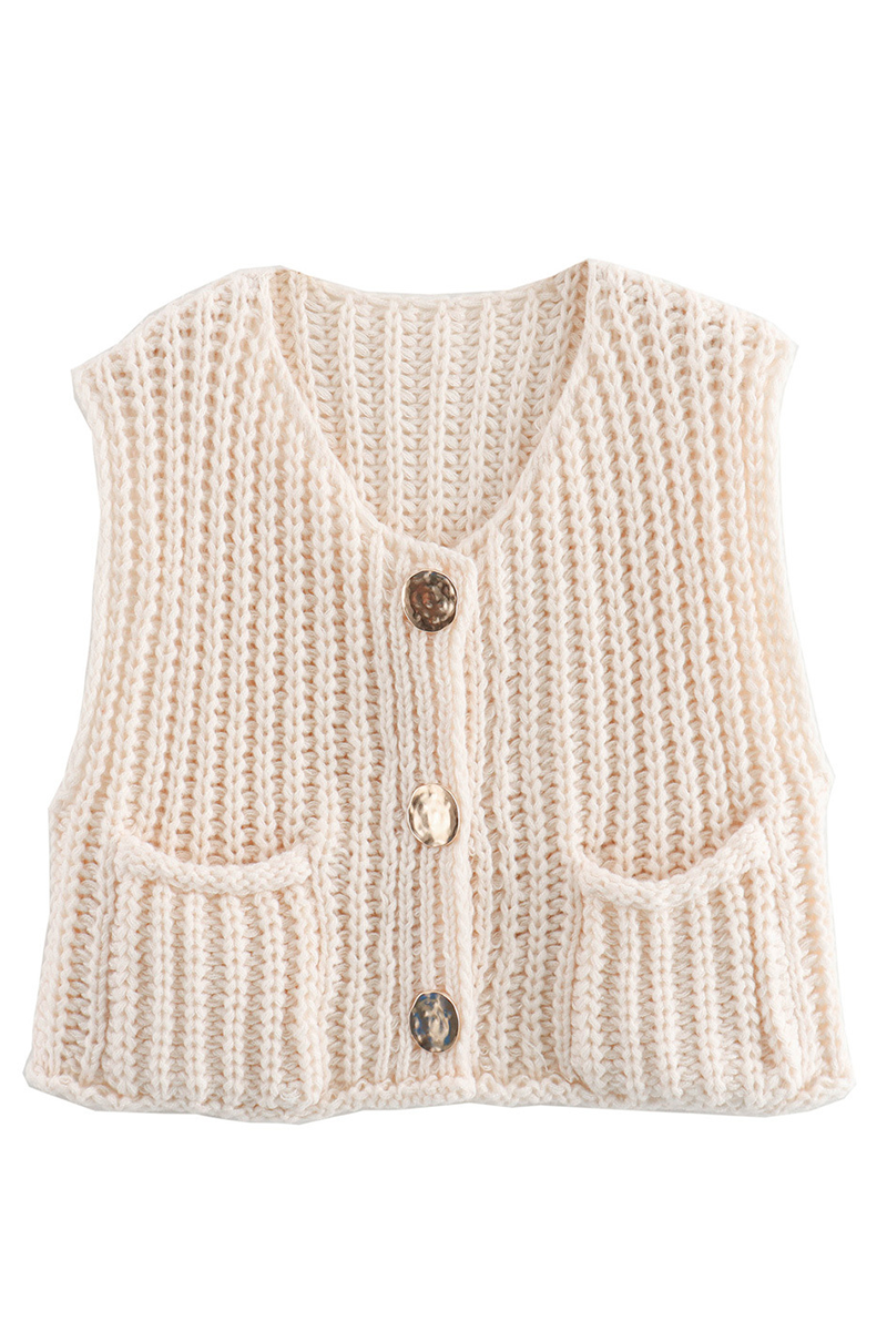 Casual Daily Solid Color Pocket Buttons Weave O Neck Tops(3 Colors)