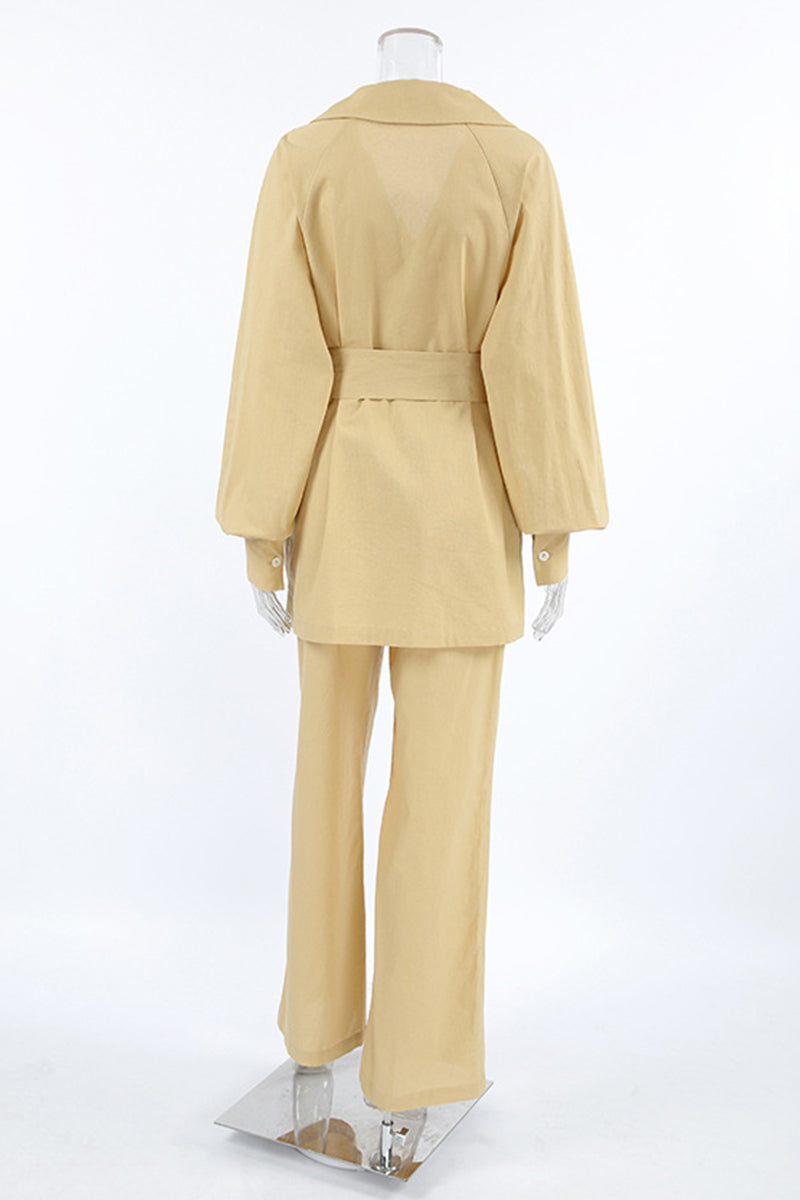 Casual Daily Solid Color Pocket Lace Up Turn-back Collar Long Sleeve Two Pieces