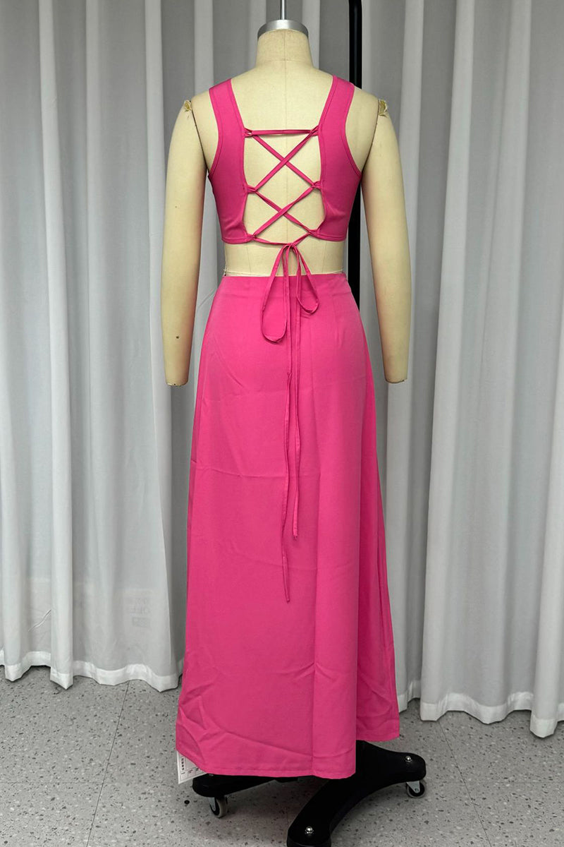 Sexy Hollow Out Backless Strap Design O Neck One Step Skirt Dresses