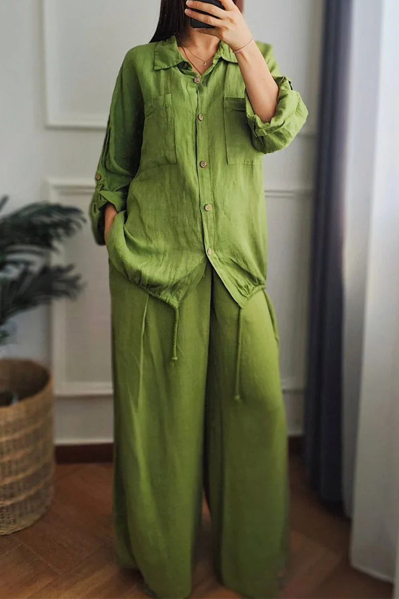 Casual Draw String Buttons Turndown Collar Long Sleeve Two Pieces(6 Colors)