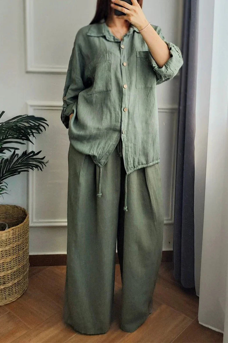 Casual Draw String Buttons Turndown Collar Long Sleeve Two Pieces(6 Colors)