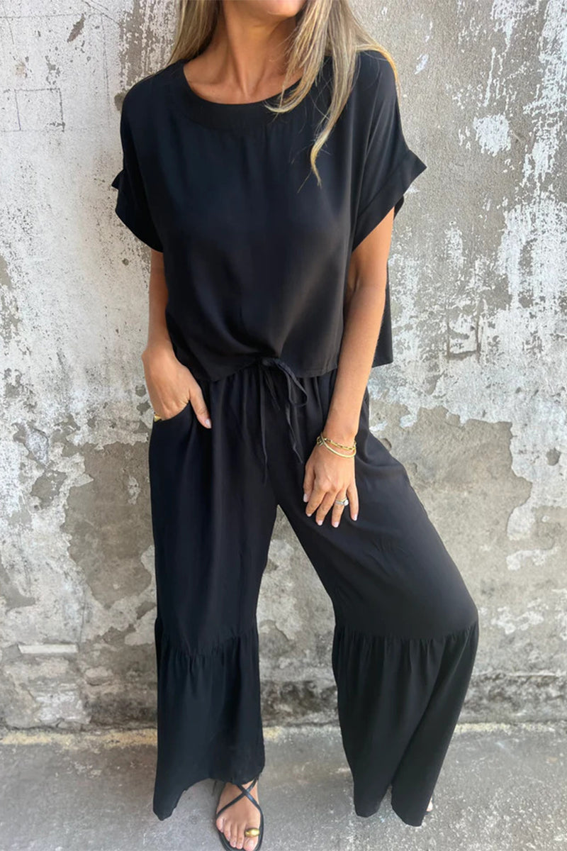 Casual Solid Color Pocket Lace Up Flounce O Neck Short Sleeve Two Pieces