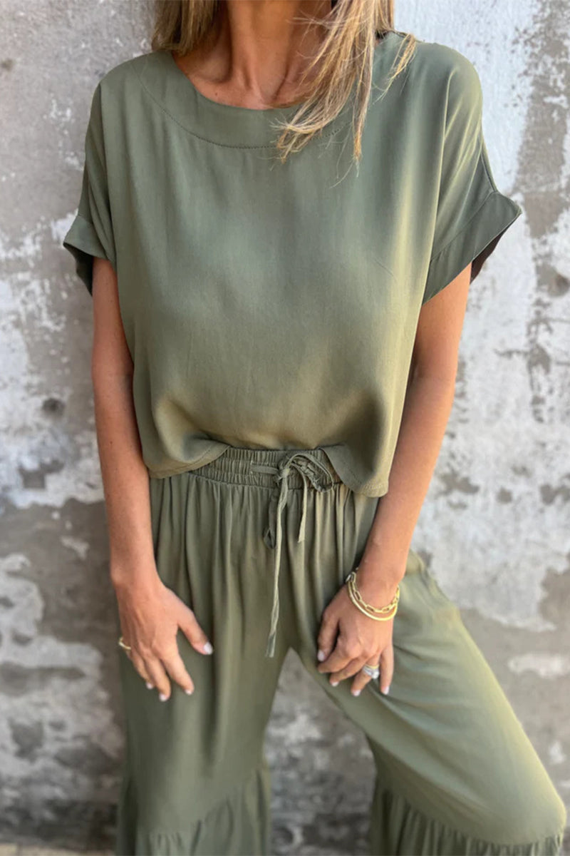 Casual Solid Color Pocket Lace Up Flounce O Neck Short Sleeve Two Pieces