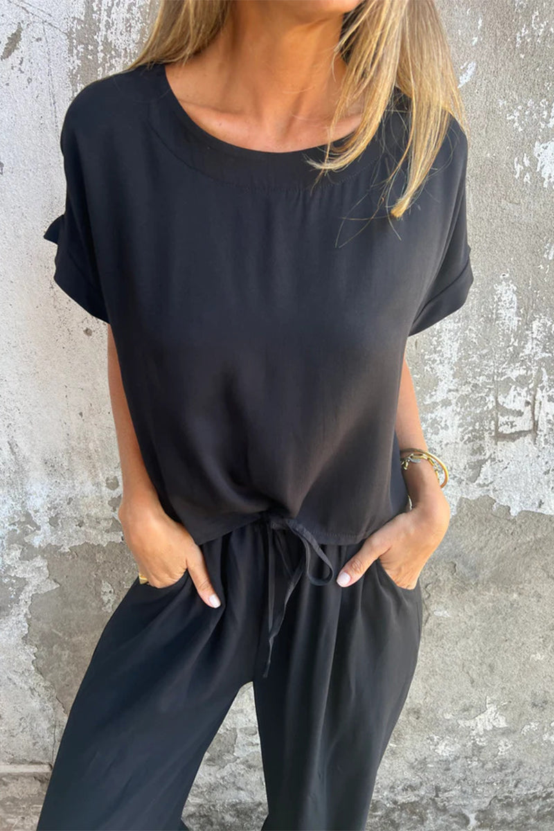 Casual Solid Color Pocket Lace Up Flounce O Neck Short Sleeve Two Pieces