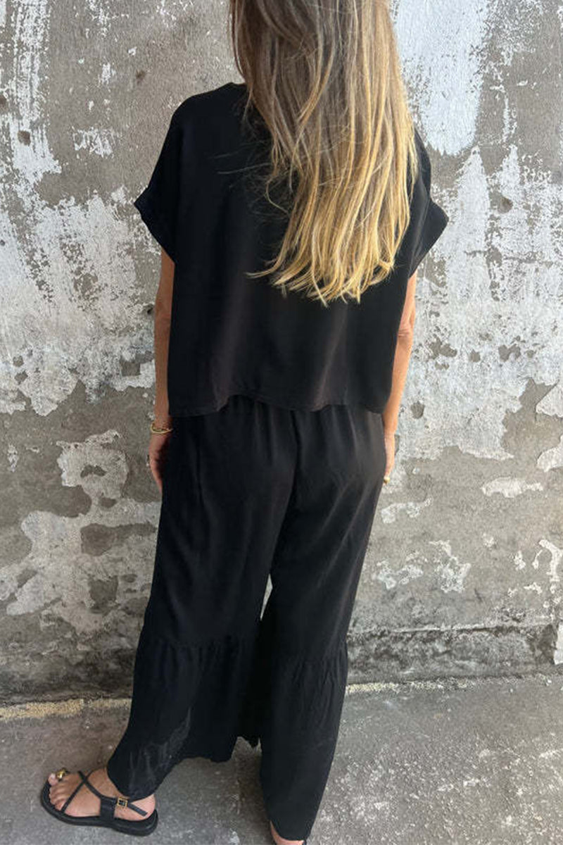 Casual Solid Color Pocket Lace Up Flounce O Neck Short Sleeve Two Pieces